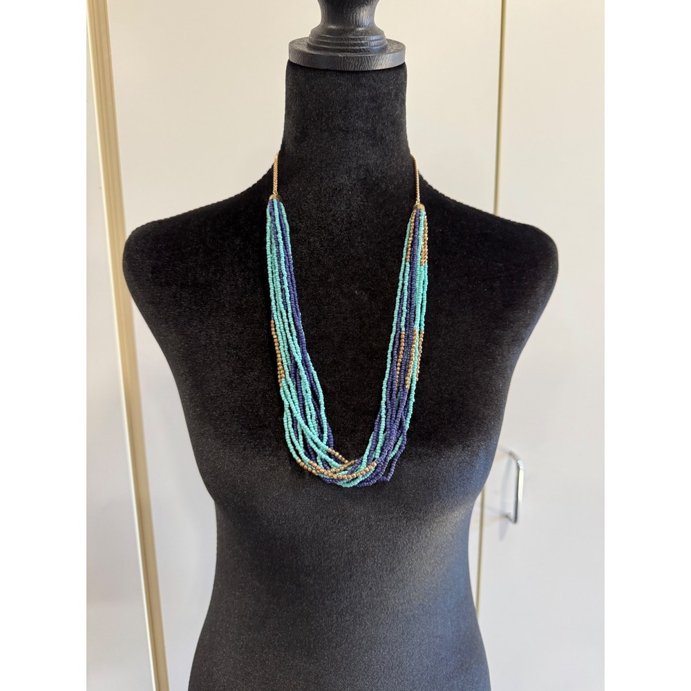 Boho Multi Strand Seed Bead Necklace Turquoise Navy Gold Tone Layered Statement